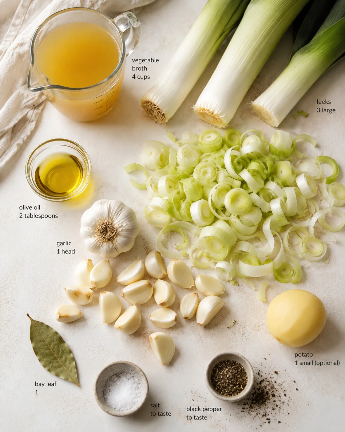 Overhead view of leeks, garlic, potato, oil, and broth with labels