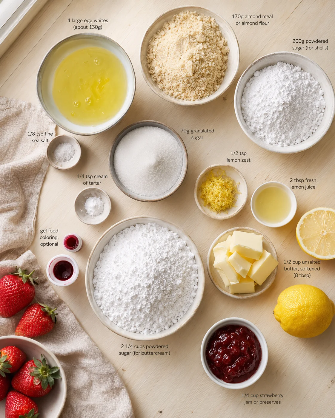 Top-down view of baking ingredients arranged on a wooden surface, with lemons, butter, sugar, flour, eggs, and berries.