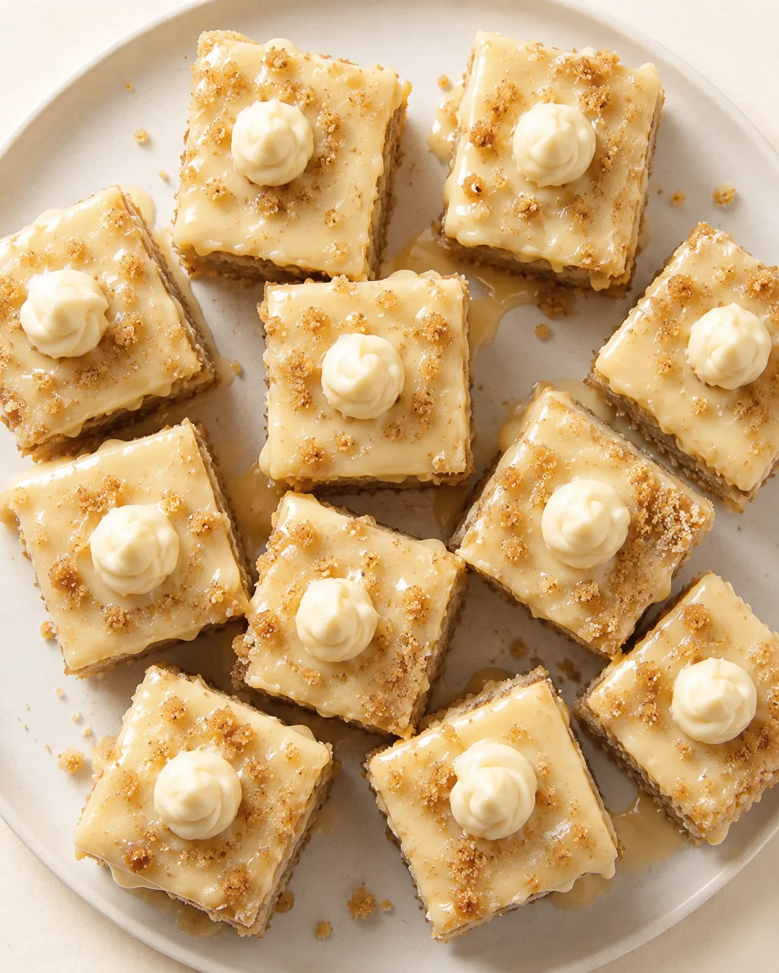 Polished lemon bars in squares with pale glaze, crumb topping, and white frosting dollops on a light plate.