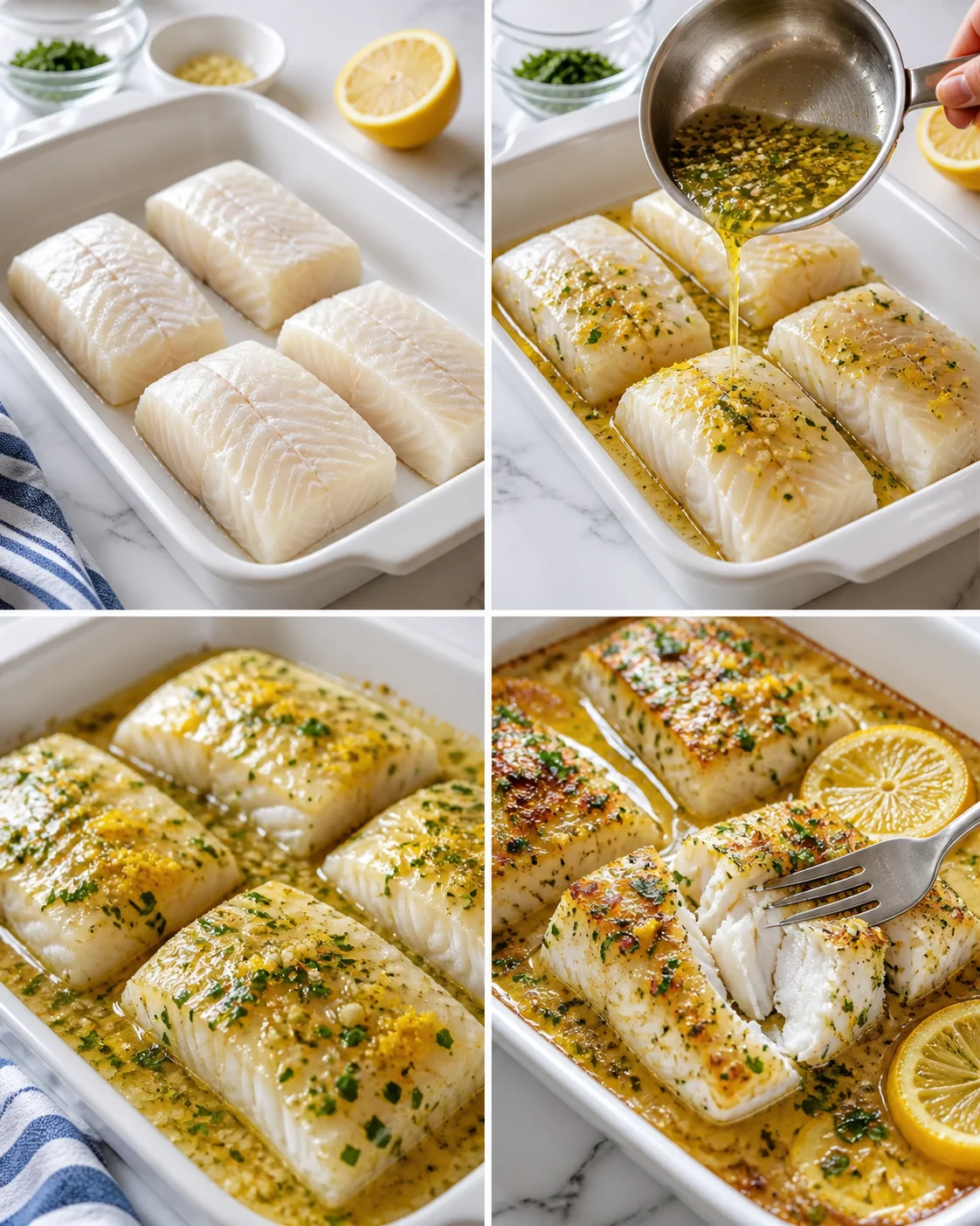 four-panel collage of cod fillets in a white baking dish, with lemon butter being poured