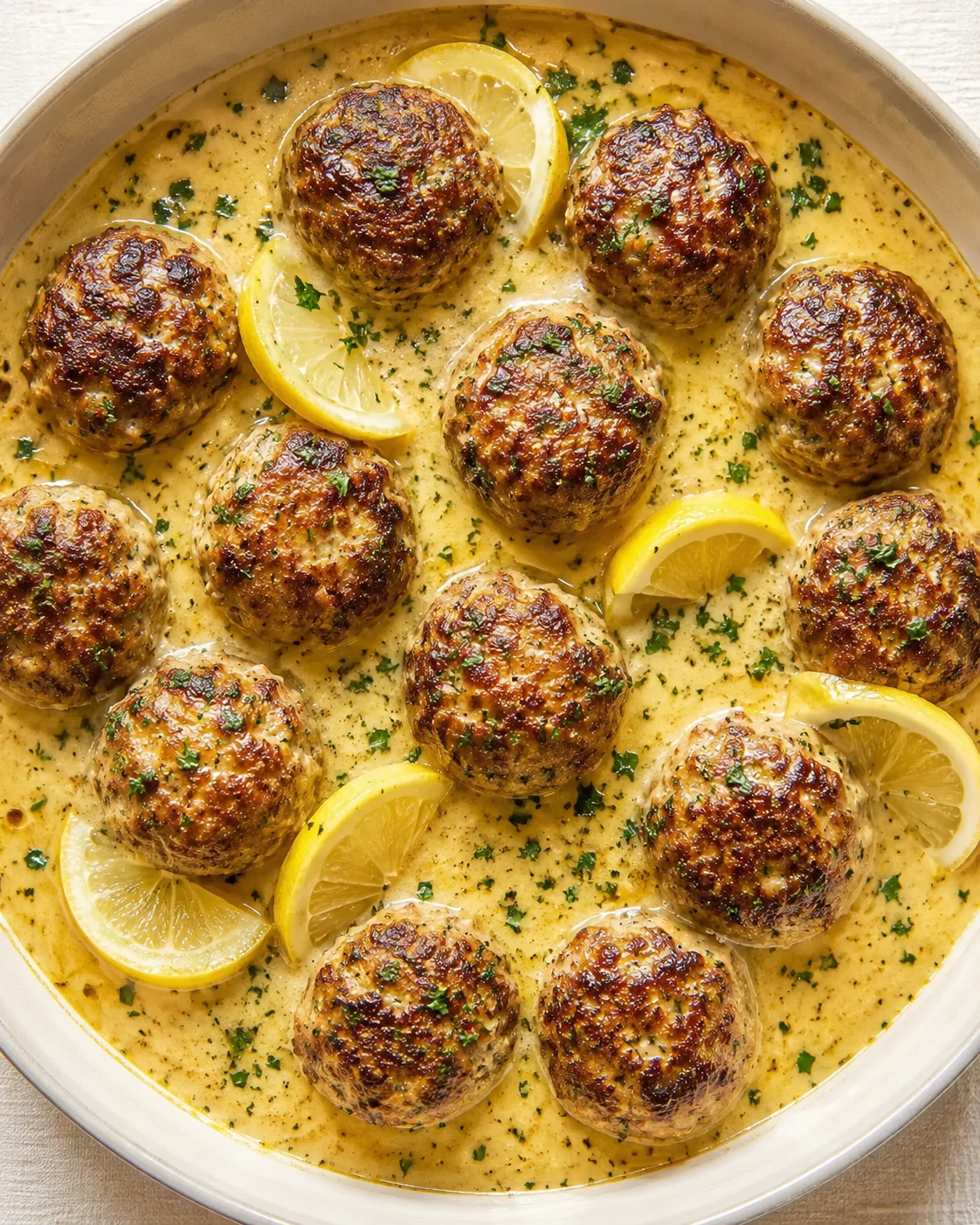 Top-down view of browned meatballs in a creamy lemon-herb sauce with lemon wedges