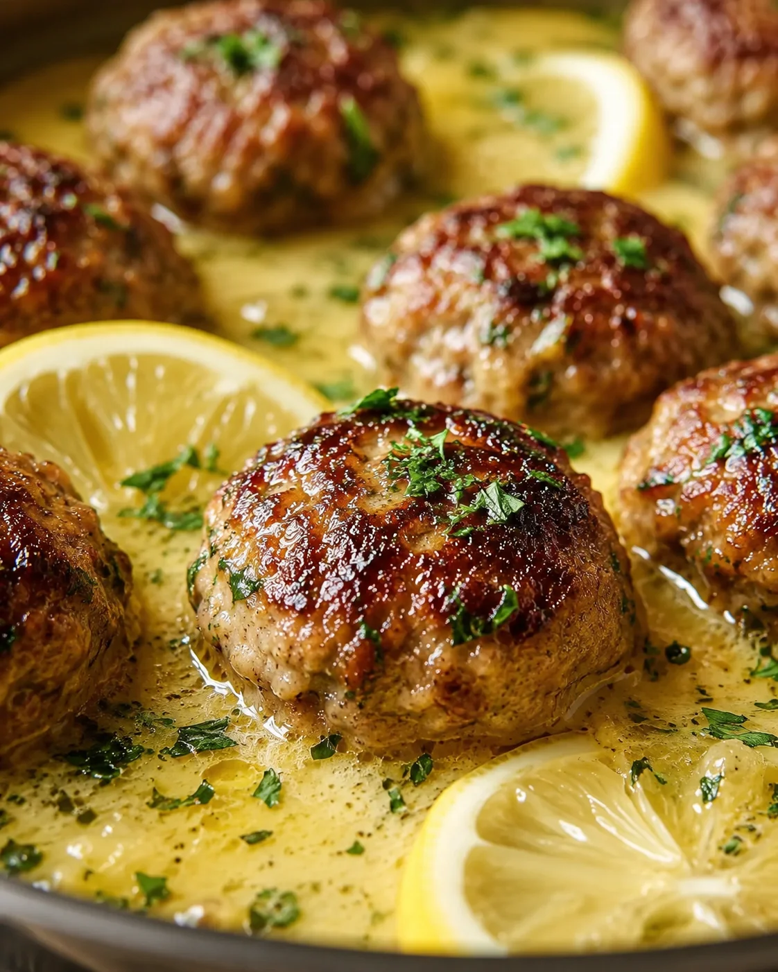 golden-brown meatballs in a creamy lemon-butter sauce, garnished with parsley and lemon slices