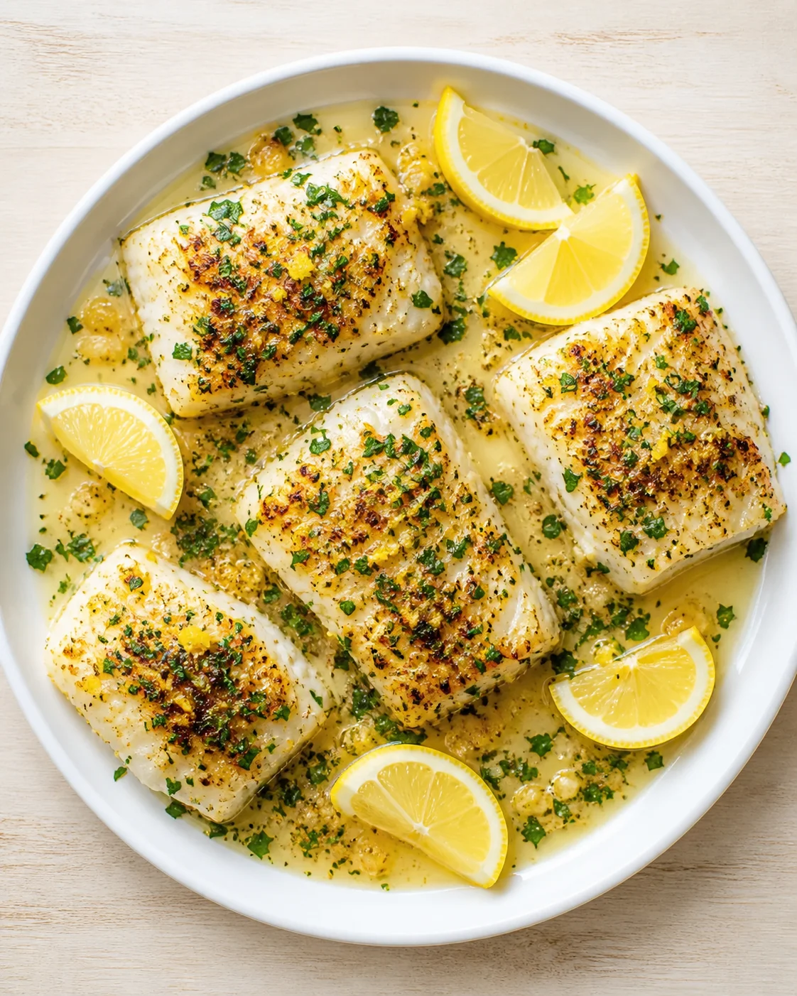 pan-seared cod fillets in lemon-butter sauce, garnished with parsley, on a white oval dish