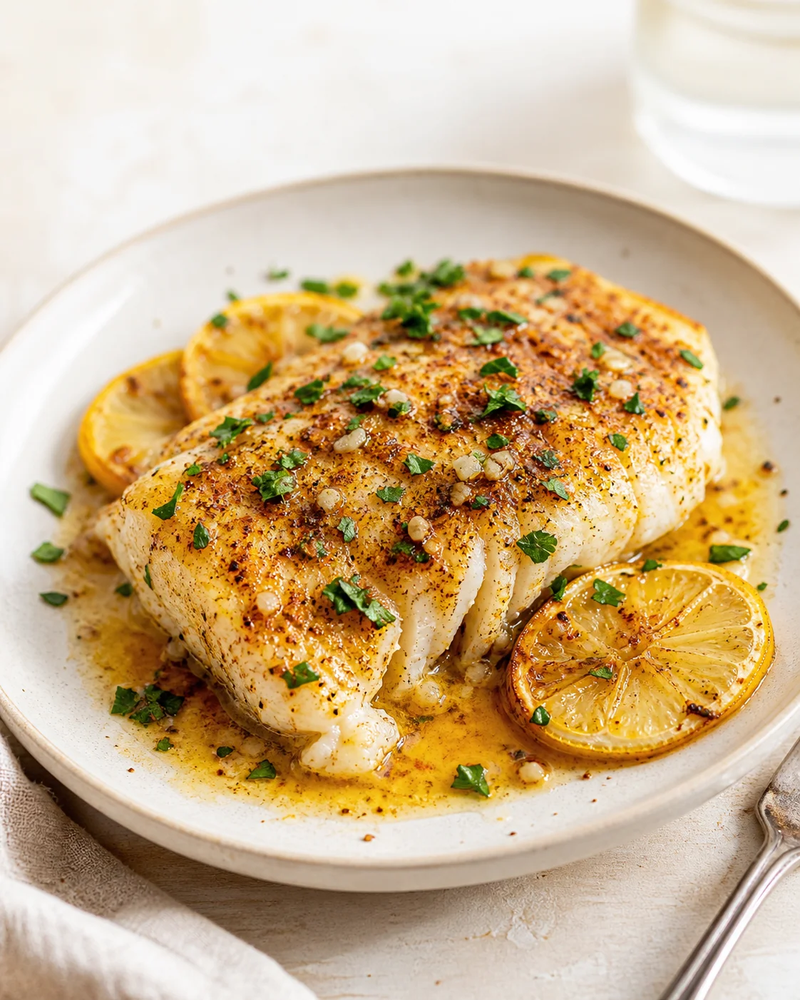 golden seared fish fillet in lemon-butter sauce garnished with parsley on a white plate