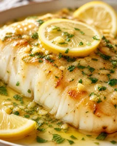 Close-up of seared white fish in lemon-butter sauce with parsley and a lemon slice