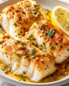 three golden, crusted white fish fillets in lemon-butter sauce, garnished with parsley, with a lemon wedge.