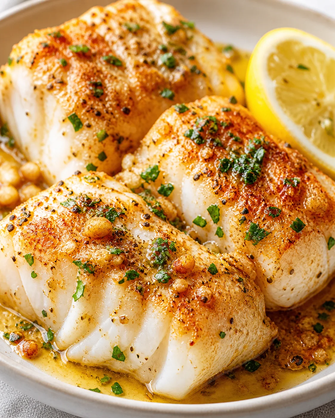 three golden, crusted white fish fillets in lemon-butter sauce, garnished with parsley, with a lemon wedge.