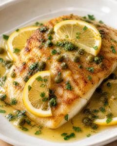 golden-brown seared fish fillet topped with lemon slices, capers, and parsley in a buttery sauce