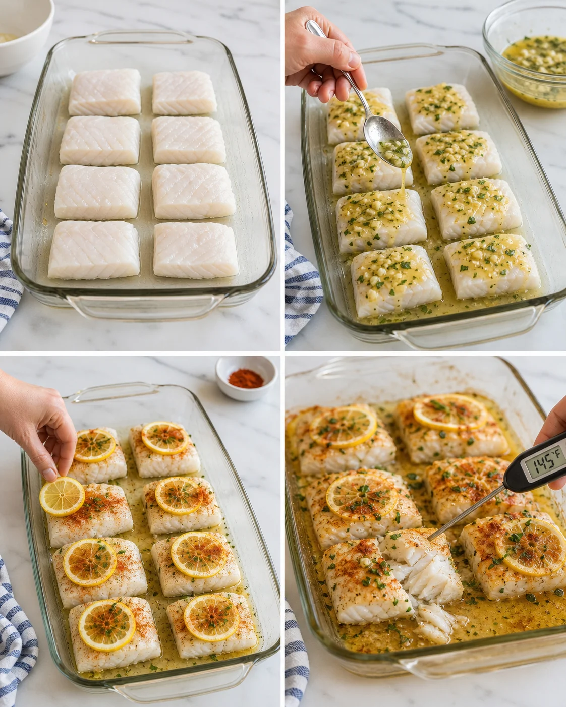 Collage of cod fillets in a glass dish at different stages: raw, basted, lemon-topped, and cooked.