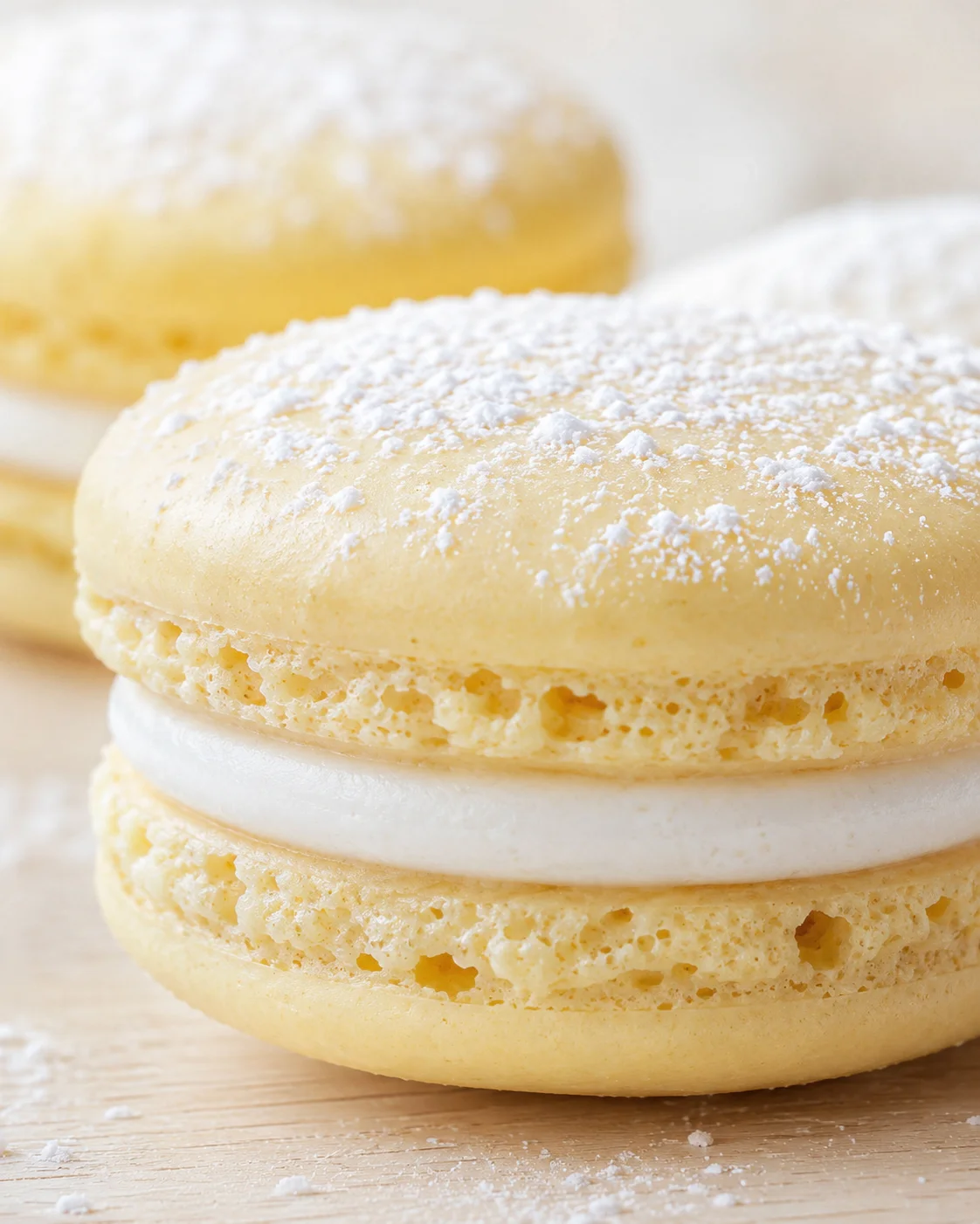 close-up of lemon macarons with white filling on a light wooden surface