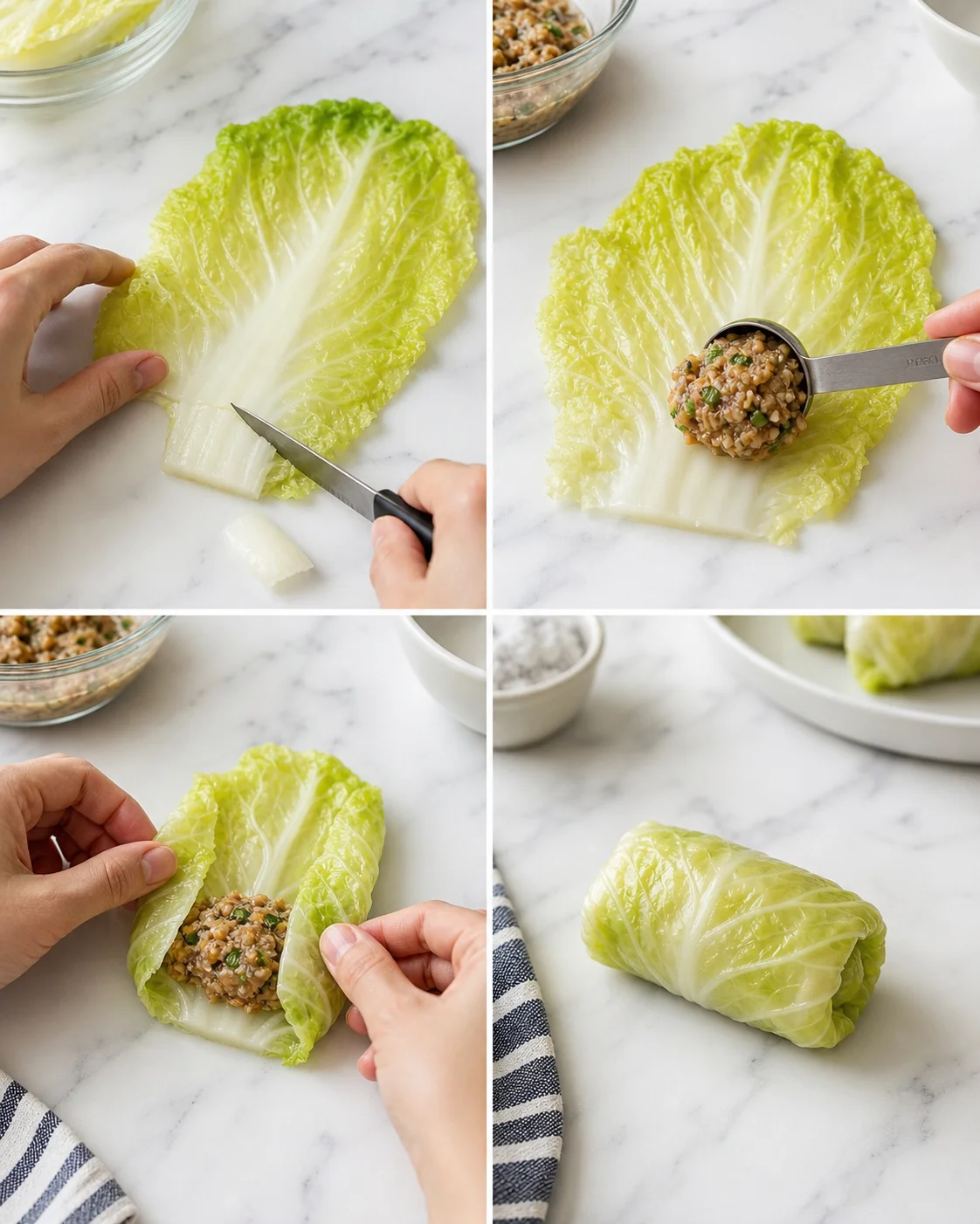 collage showing step-by-step lettuce wrap prep: cutting leaf, spooning filling, folding, and a finished wrap on marble.