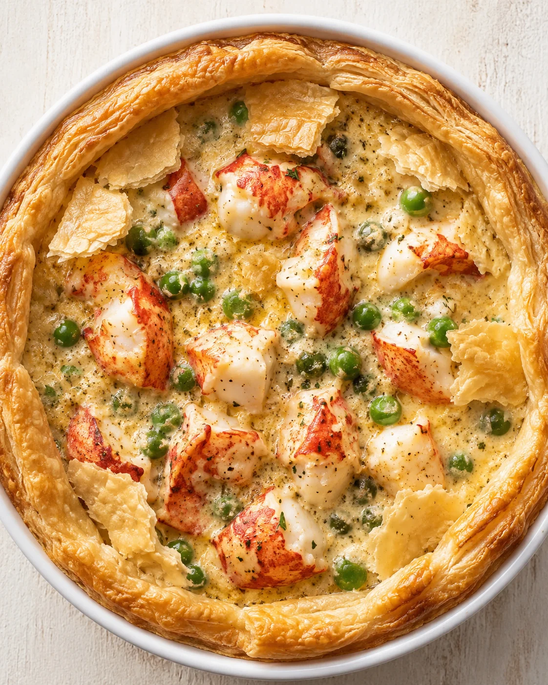 top-down view of a lobster-and-peas quiche in a round white dish with a flaky golden crust