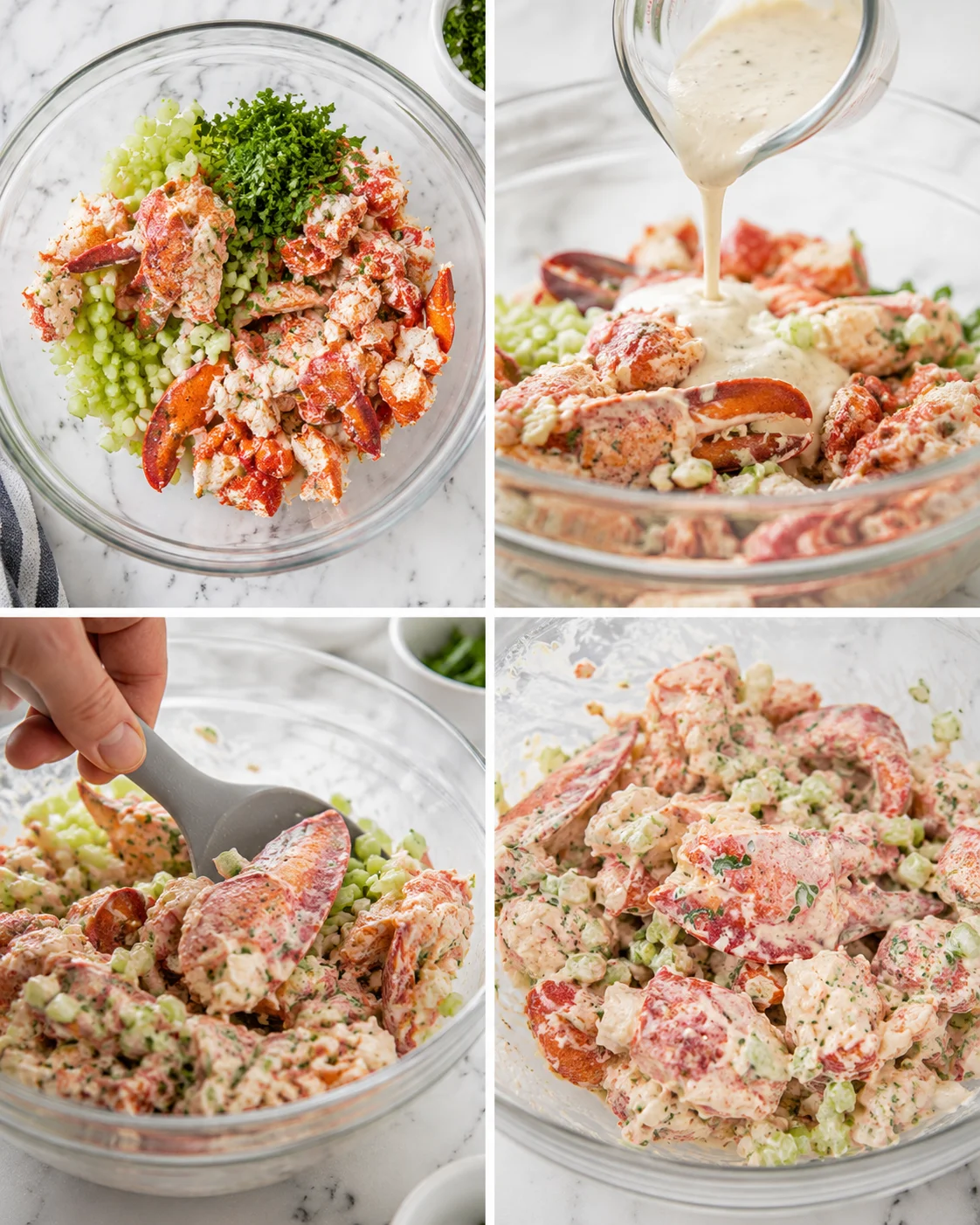 four-panel collage showing celery and seafood salad being mixed with creamy dressing in glass bowls