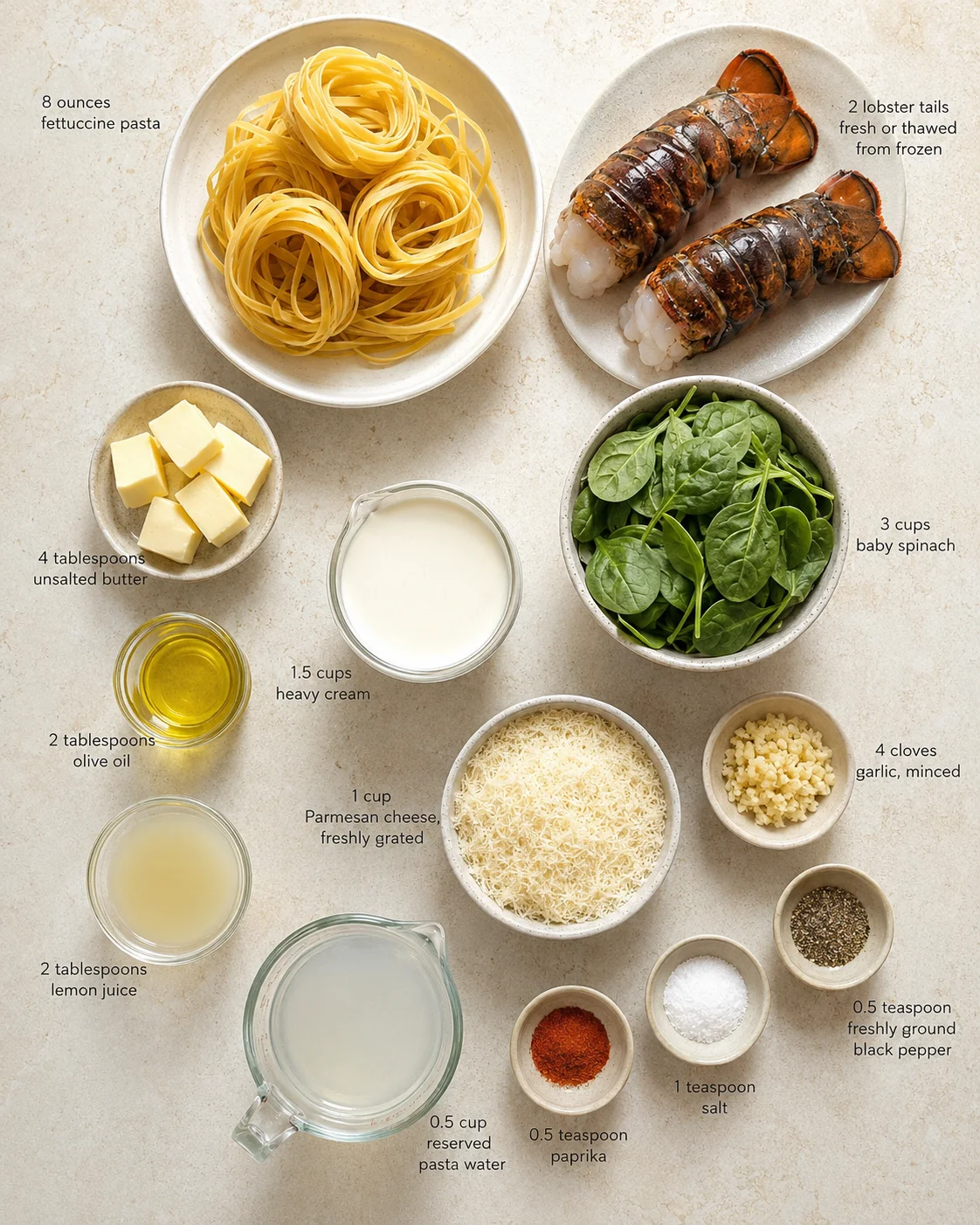 Top-down view of lobster fettuccine ingredients arranged with labeled quantities.
