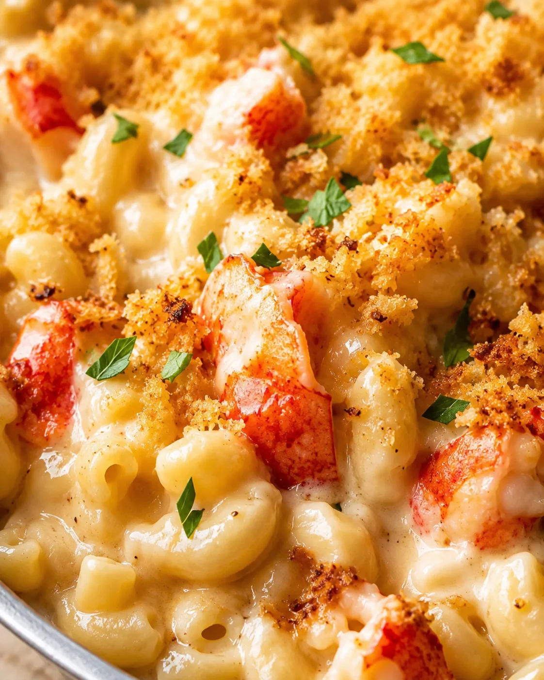 Creamy lobster macaroni and cheese topped with crispy breadcrumbs and parsley.