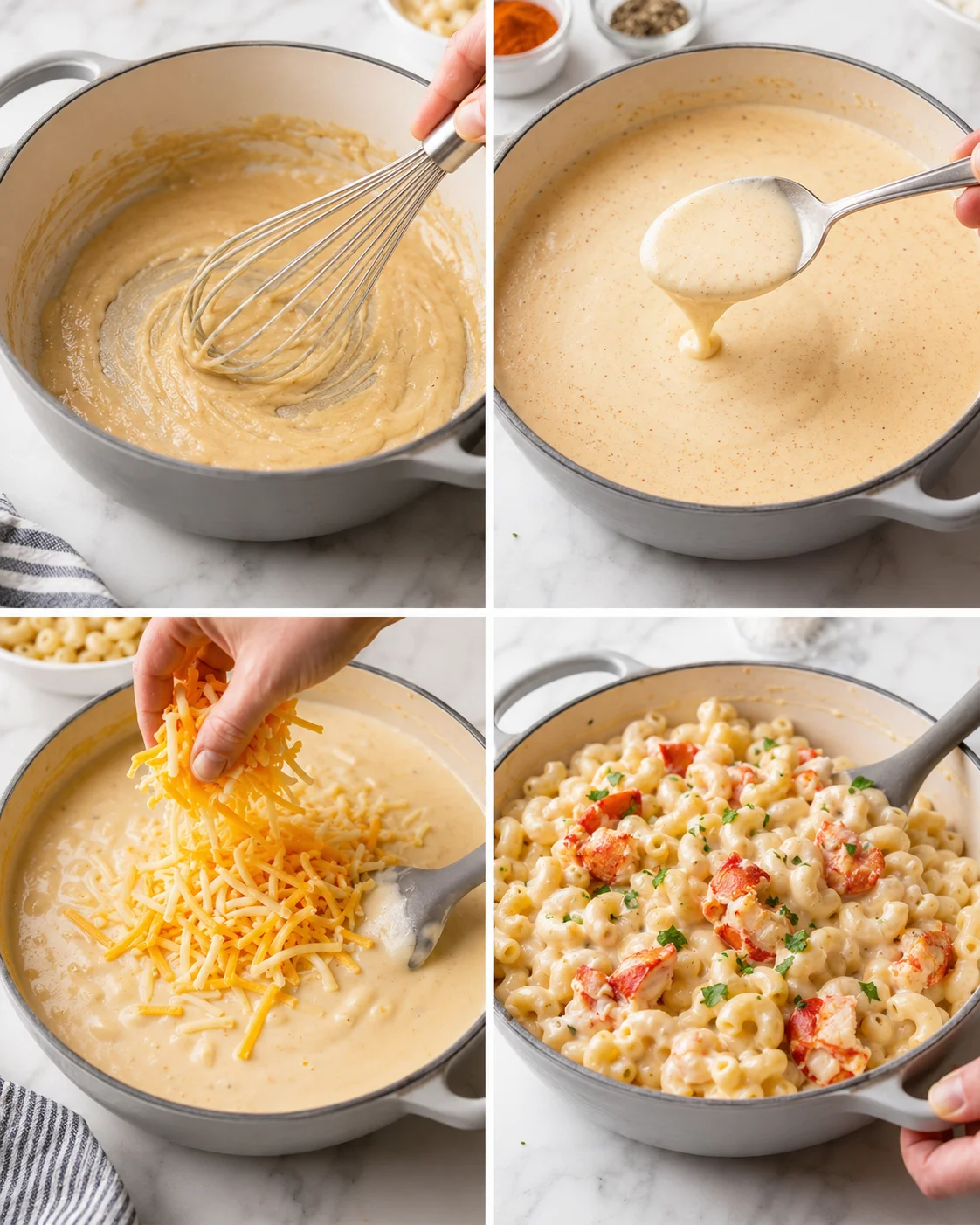 Four-panel collage showing steps to make lobster mac and cheese: whisking sauce, adding cheese, finishing with lobster.