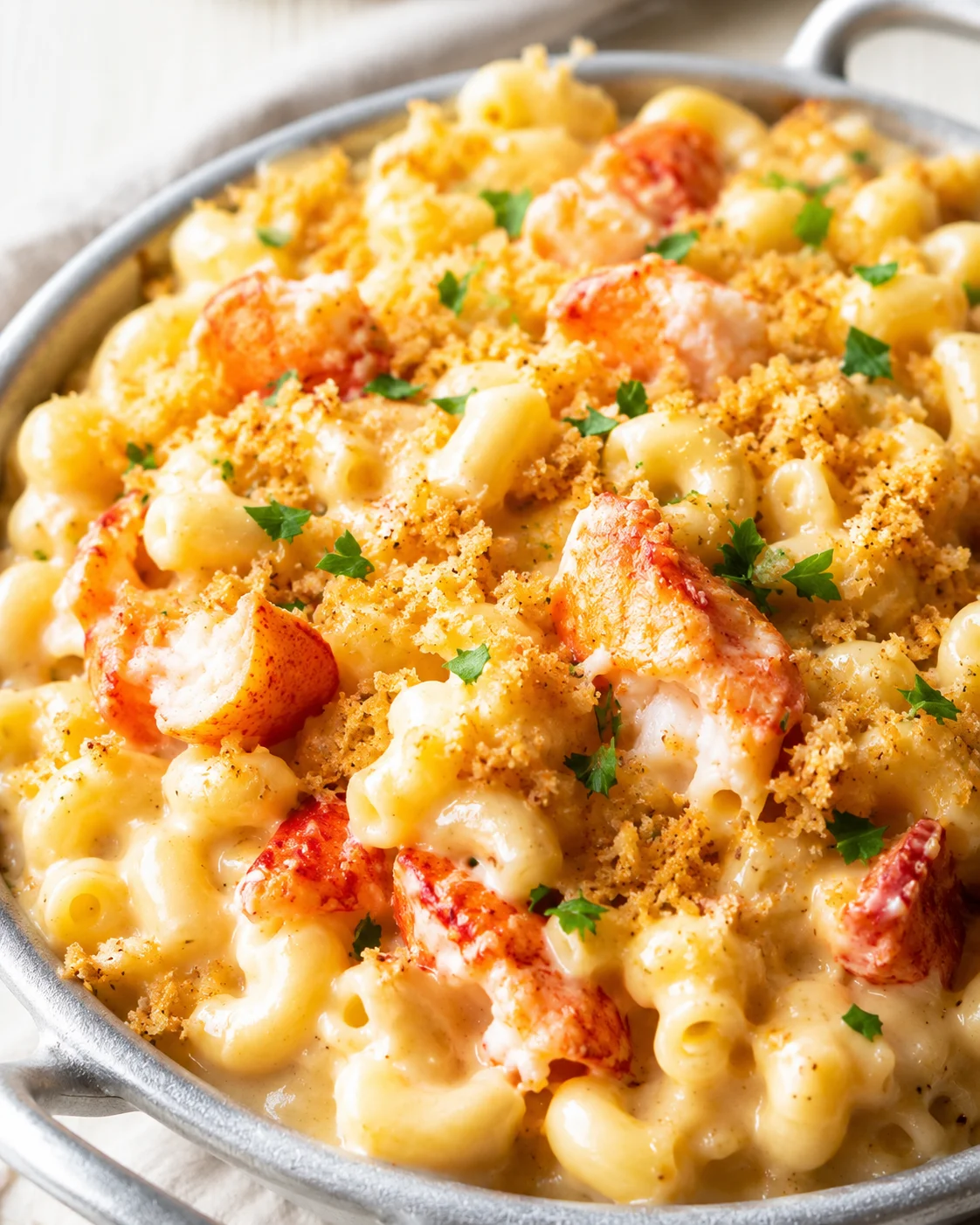 Creamy lobster mac and cheese in a skillet with breadcrumbs and parsley
