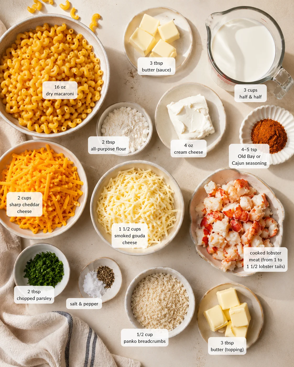 top-down layout of macaroni, cheeses, lobster meat, and toppings with labeled measurements