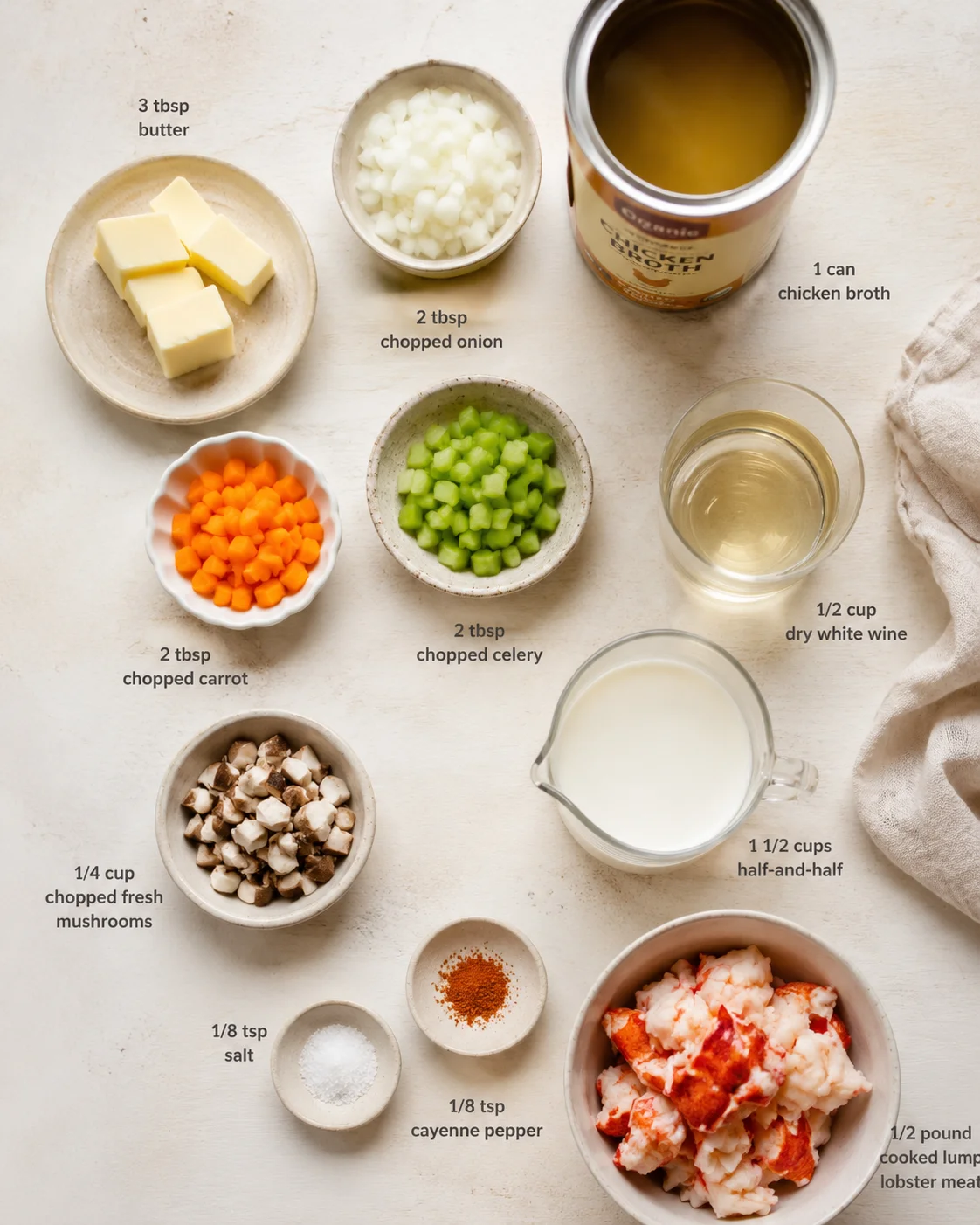 Assorted ingredients for a lobster dish laid out on a light surface.