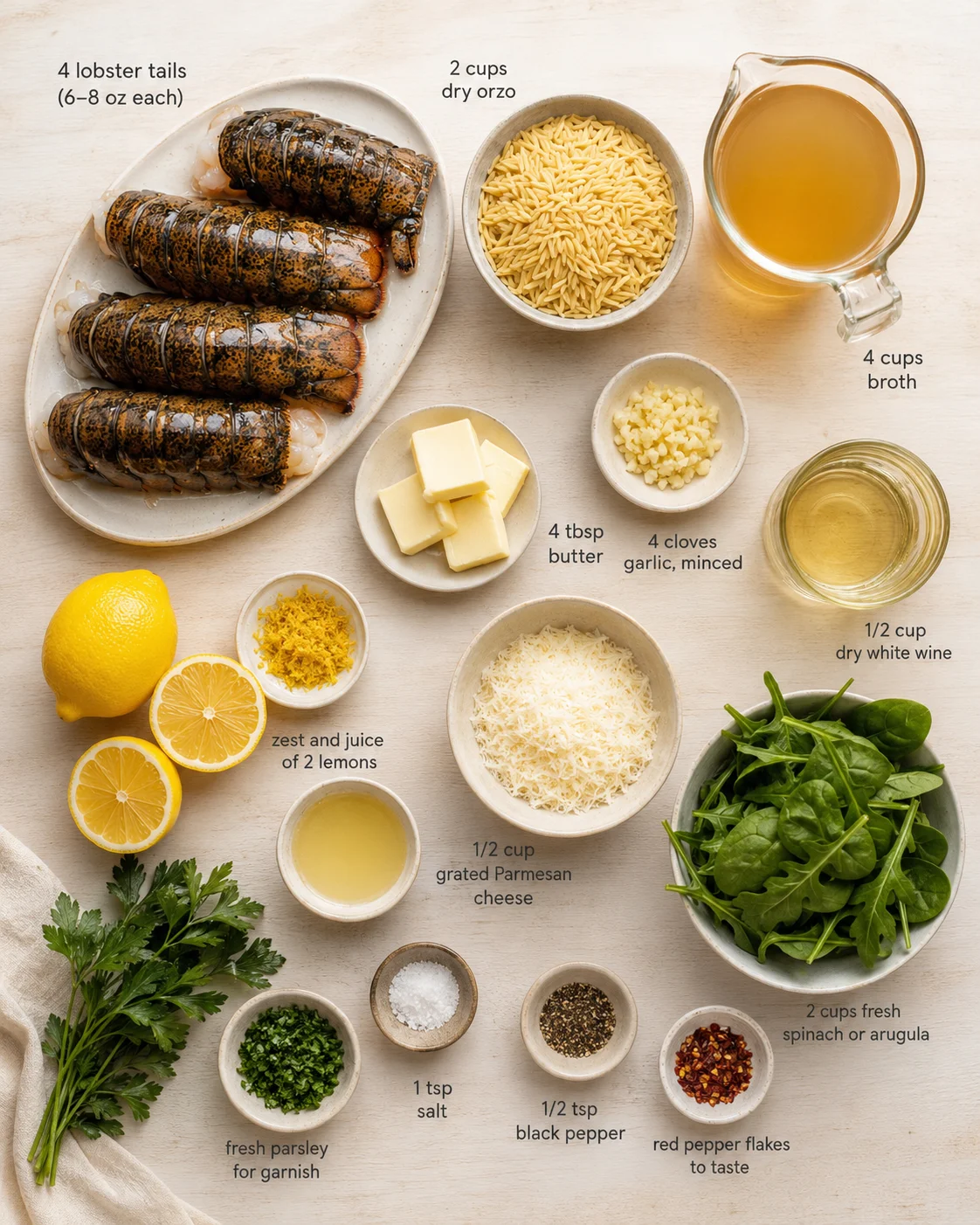 Top-down view of lobster tails and ingredients on a light wooden surface, including orzo, butter, lemon, and greens.