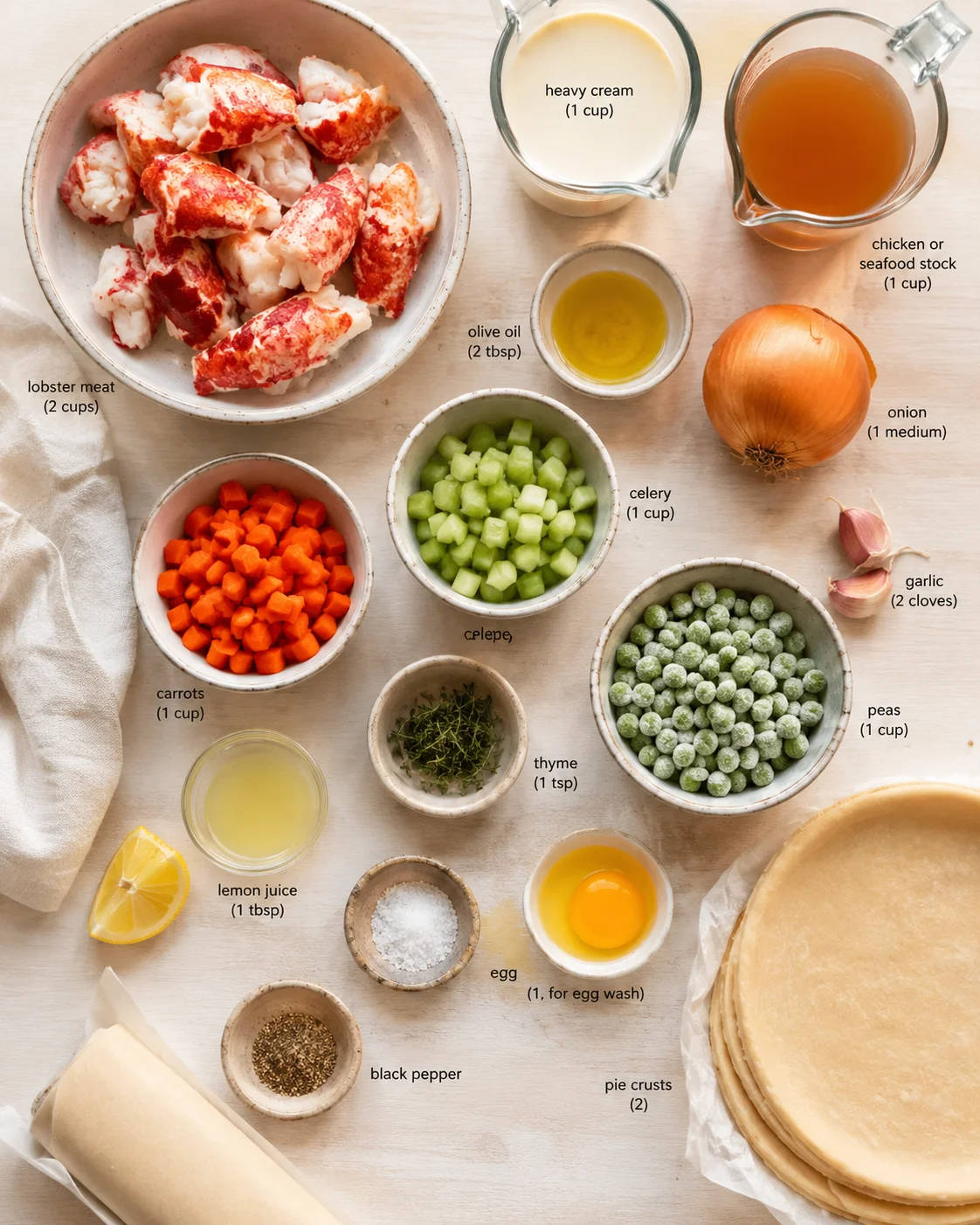 Top-down view of lobster, vegetables, dairy, and pie crust ingredients arranged for a recipe.