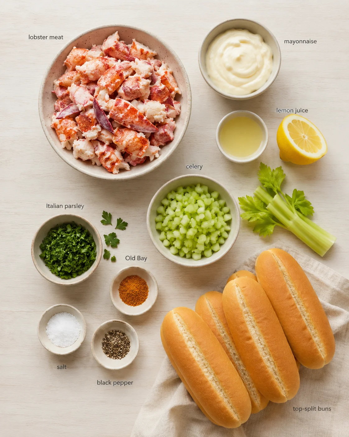 Assorted lobster-roll ingredients arranged on a light wood surface, labeled bowls of lobster meat, mayo, celery, lemon, herbs, spices, buns.