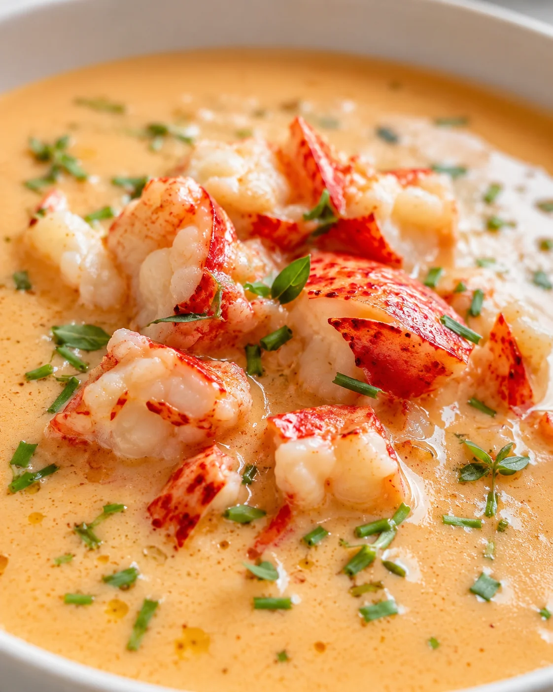 Creamy orange sauce with lobster chunks, red-tipped lobster meat, and sprinkled green herbs.