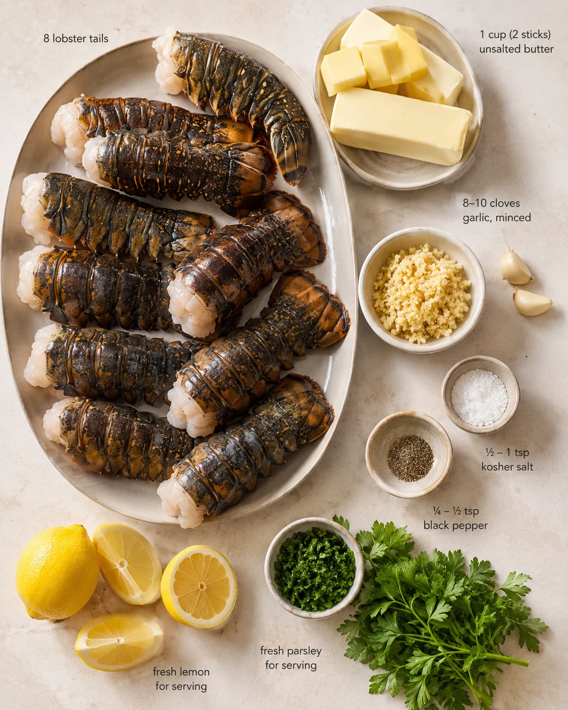 Platter of lobster tails with butter, garlic, lemon, and fresh parsley.