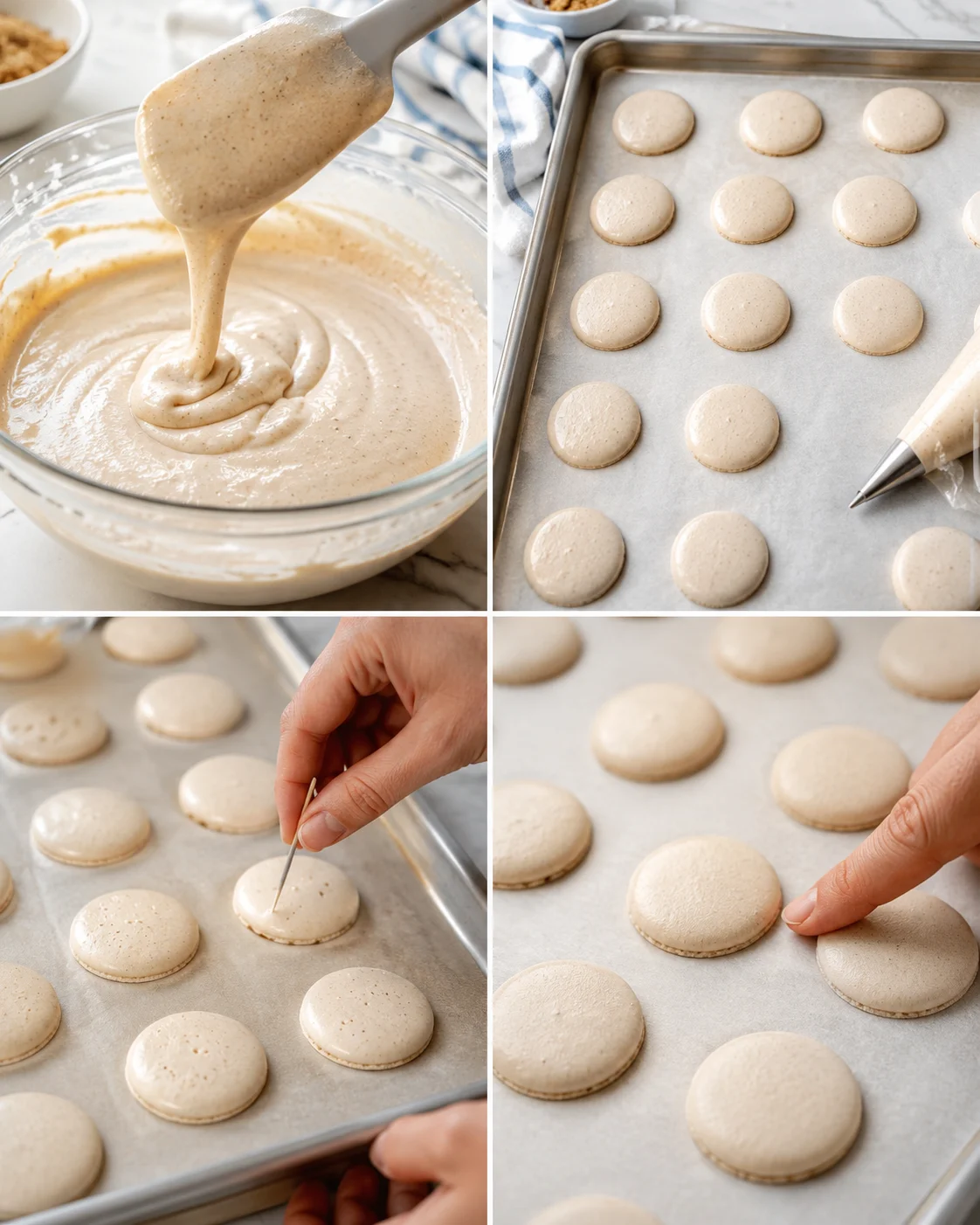 collage of macarons-making process: batter being piped, shells on parchment-lined tray, and hand adjusting shells