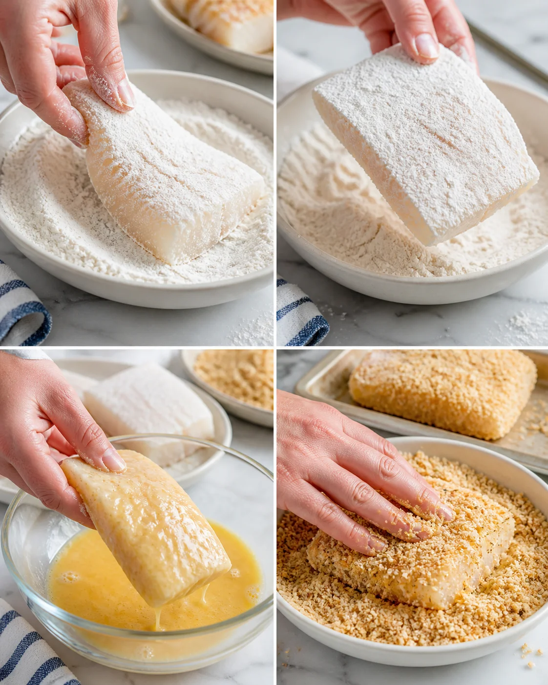 Collage of four panels showing steps to bread a cheese log: dredge in flour, dip in egg, coat in breadcrumbs.