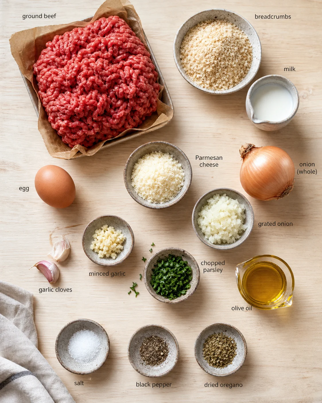 overhead view of ground beef and surrounding ingredients on a wooden surface