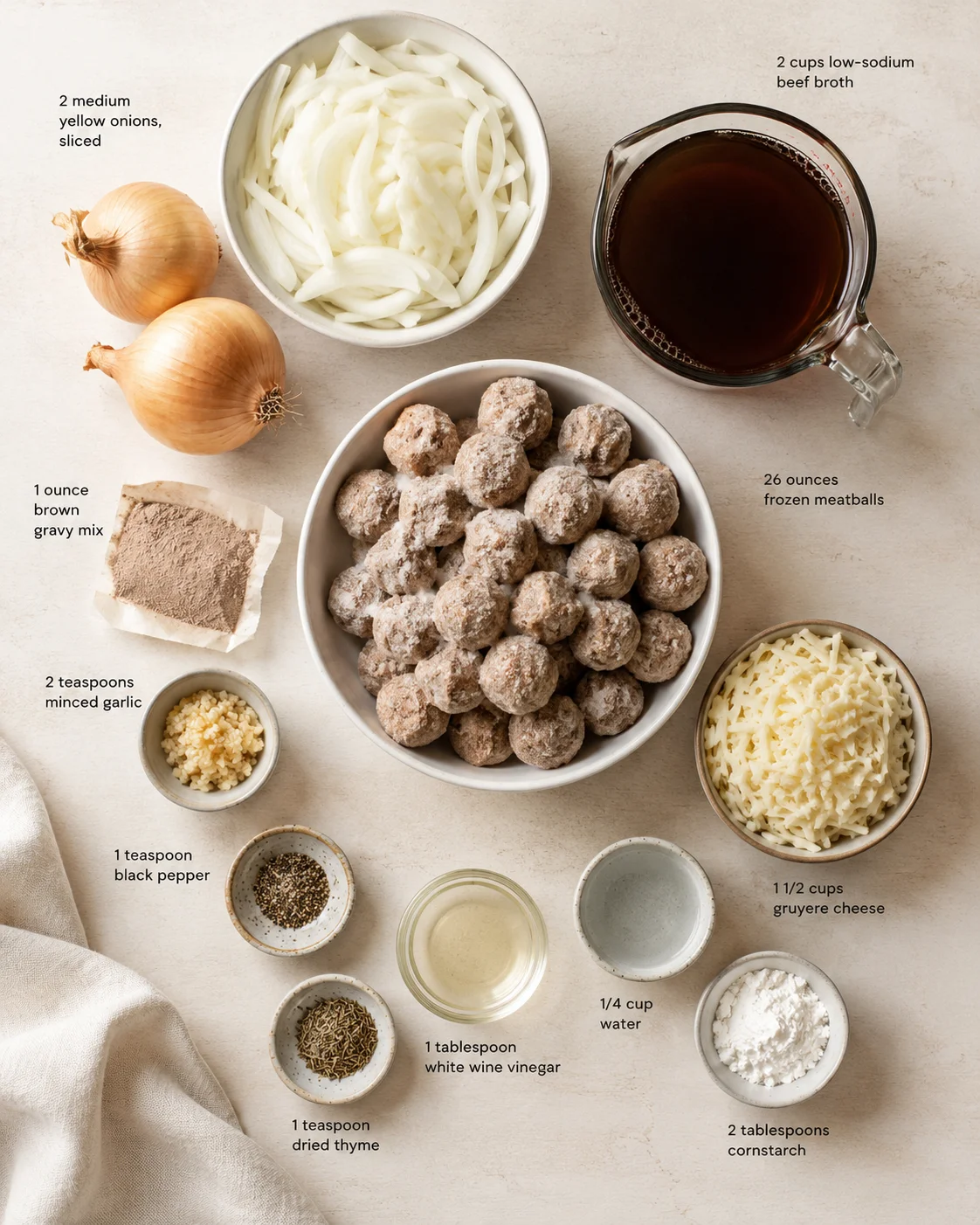 Overhead view of labeled ingredients for meatball recipe, including onions, broth, meatballs, cheese, and seasonings.