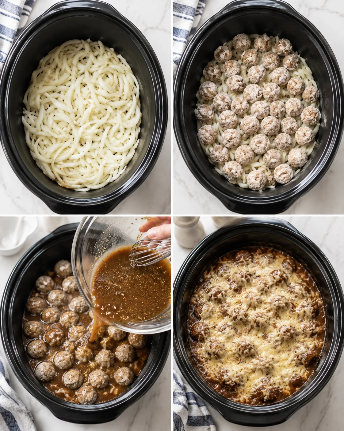 collage of a slow cooker with noodles, meatballs, sauce being poured, and melted cheese