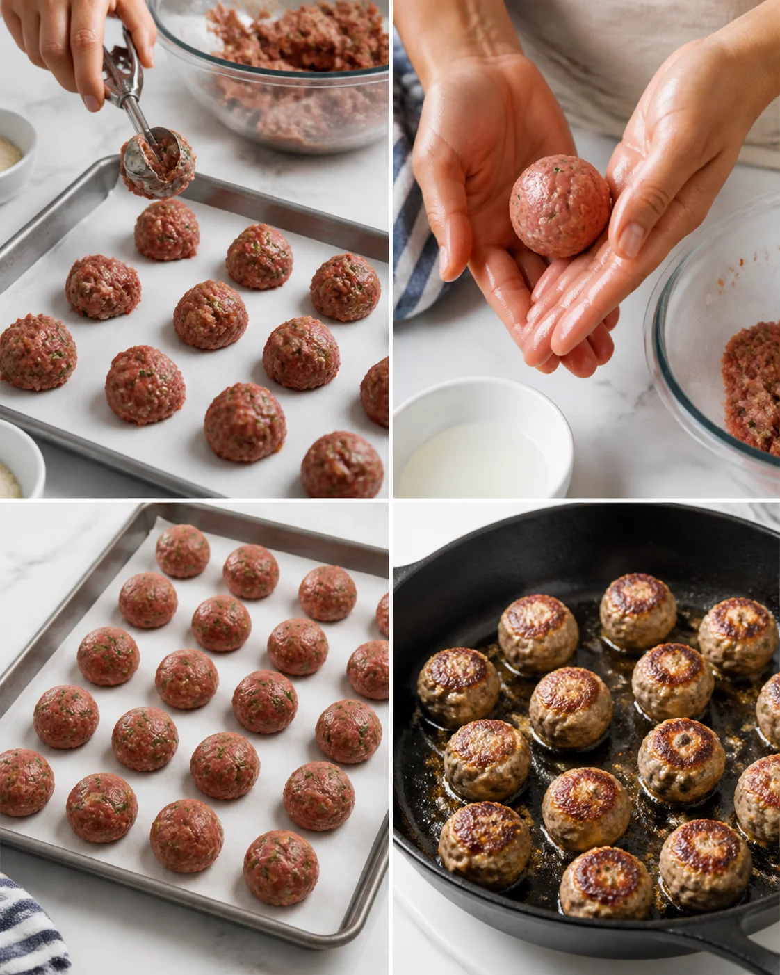 hands shaping raw meatballs on parchment-lined tray, then browning them in a skillet.