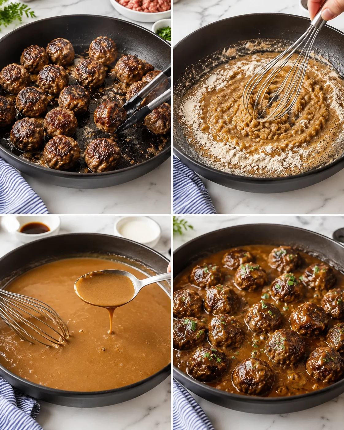 Four-panel collage: browning meatballs in a skillet, whisking batter, thick sauce being stirred, and meatballs simmering in sauce