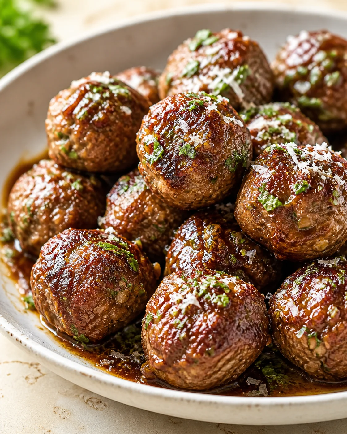 bowl of browned meatballs in glossy brown glaze, topped with parsley and parmesan