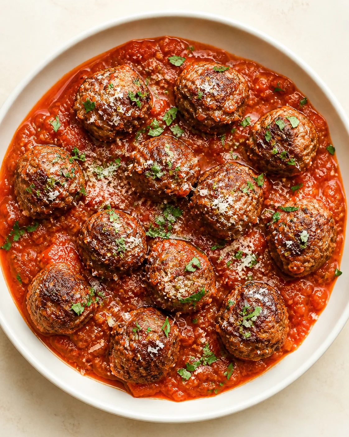 browned meatballs on tomato sauce in a white dish, garnished with parsley