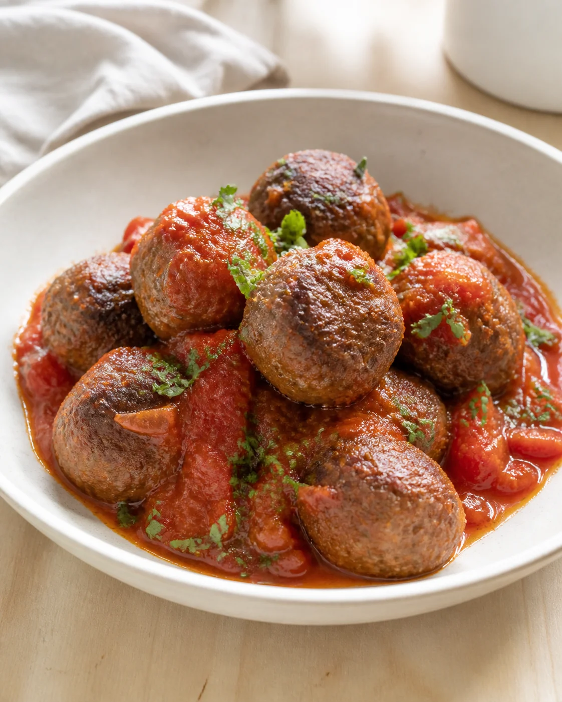 bowl of browned meatballs in tomato sauce, garnished with fresh herbs