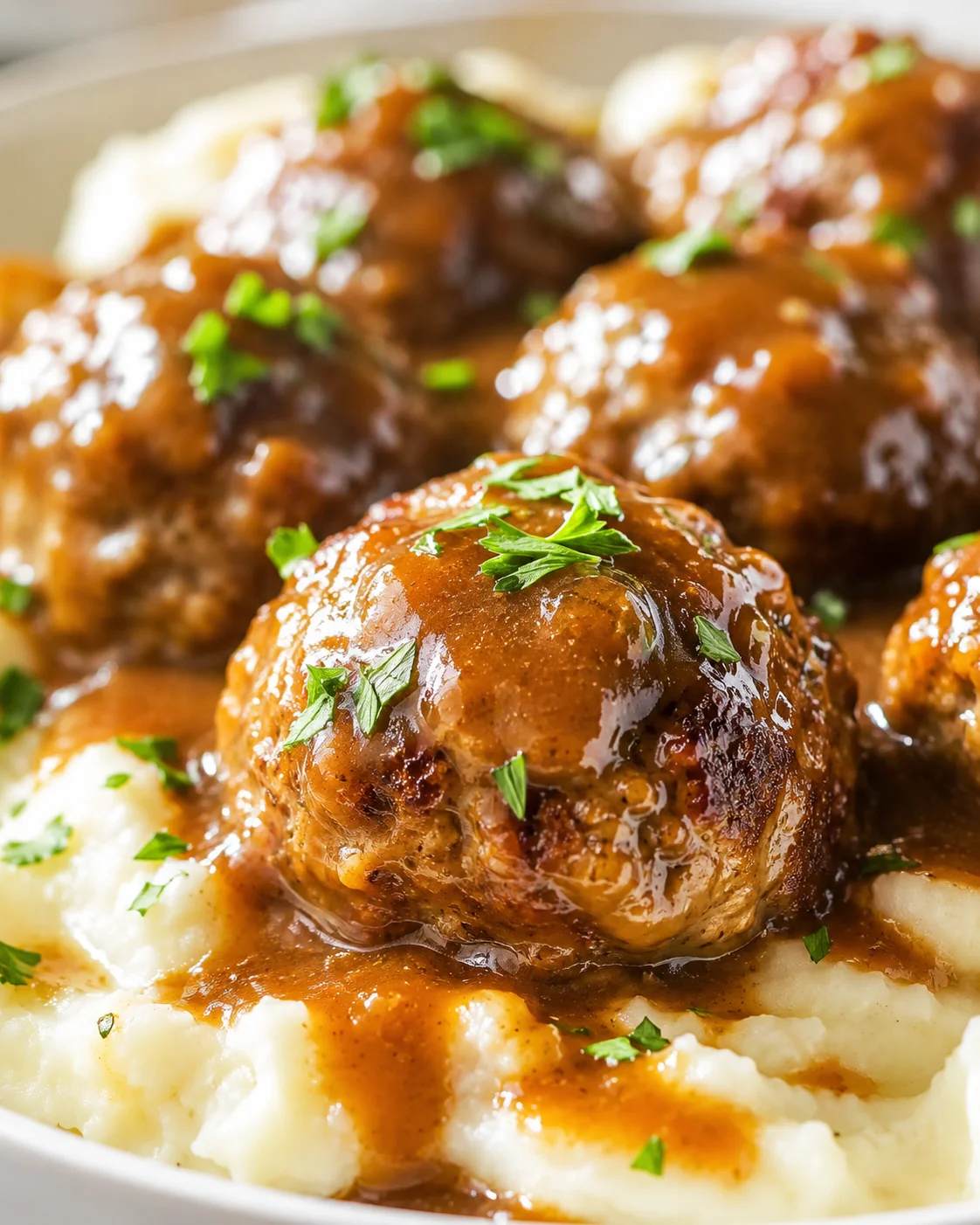 close-up of rich glazed meatballs atop creamy mashed potatoes, garnished with parsley