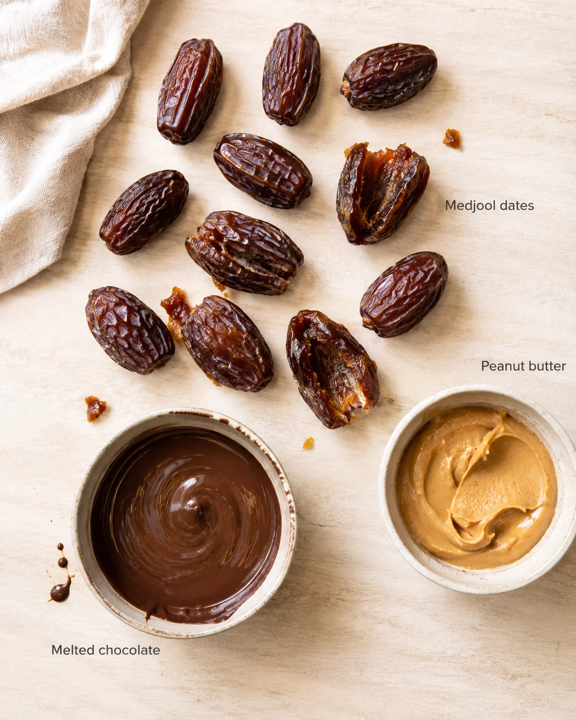 Overhead view of Medjool dates with melted chocolate and peanut butter on a light wooden surface.