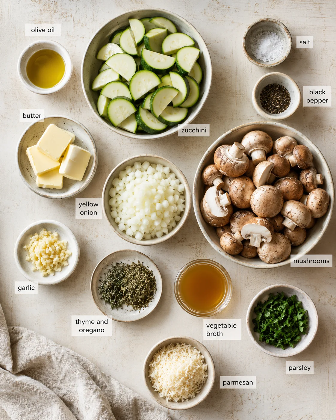 top-down view of arranged ingredients including zucchini, mushrooms, onions, garlic, butter, parmesan, herbs, oil, and spices.