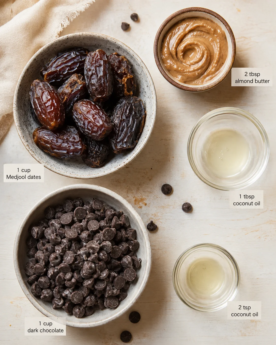top-down view of dates, dark chocolate chips, almond butter, and coconut oil on a pale countertop