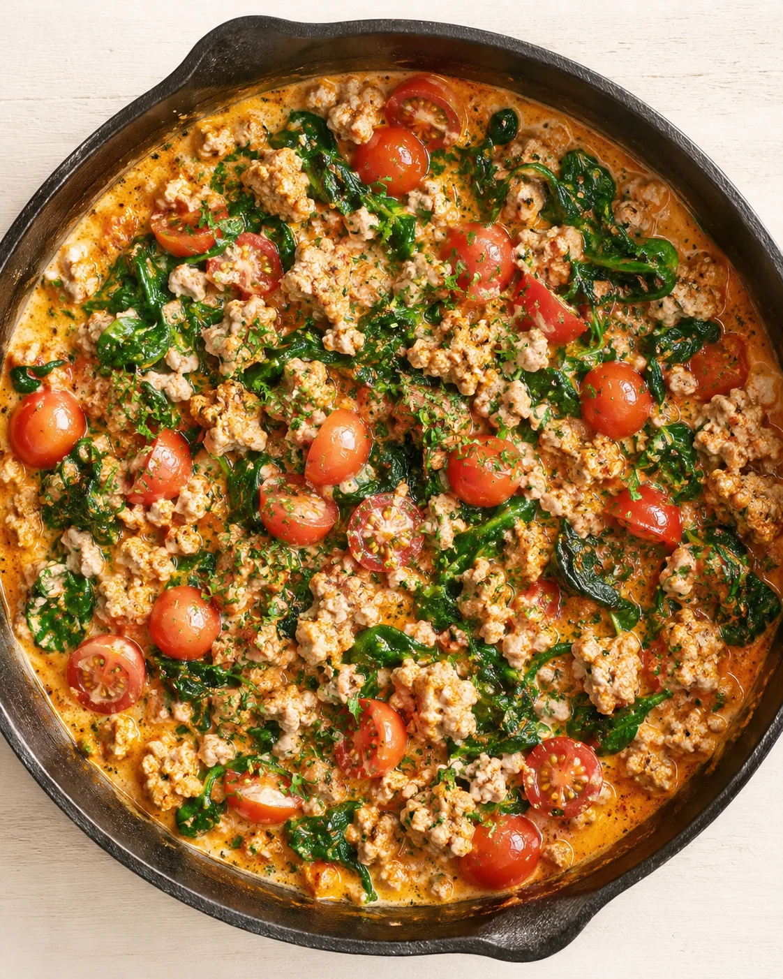 ground meat, cherry tomatoes, and greens simmering in a skillet