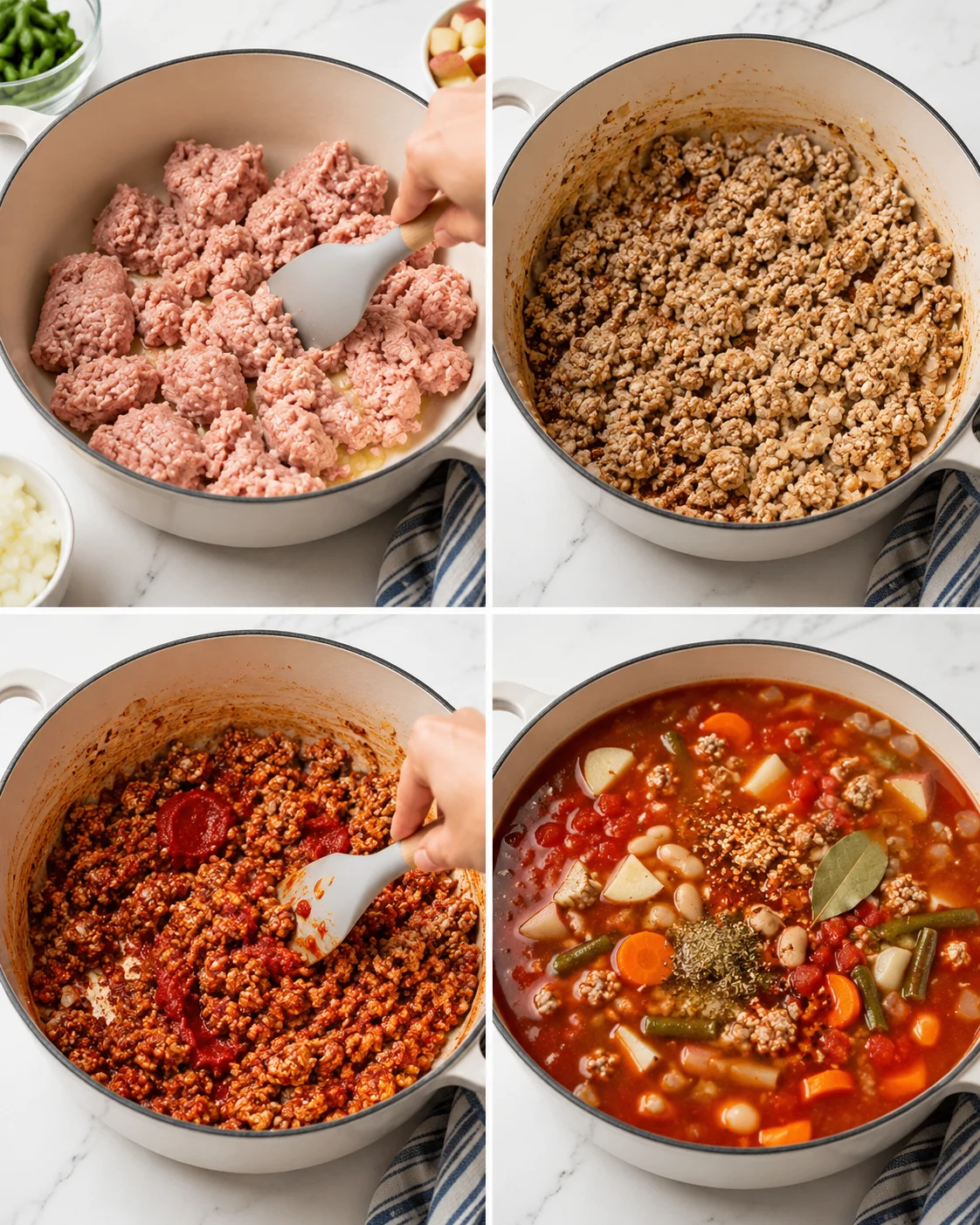collage showing ground beef browning, then sauce with beans and vegetables in a pot