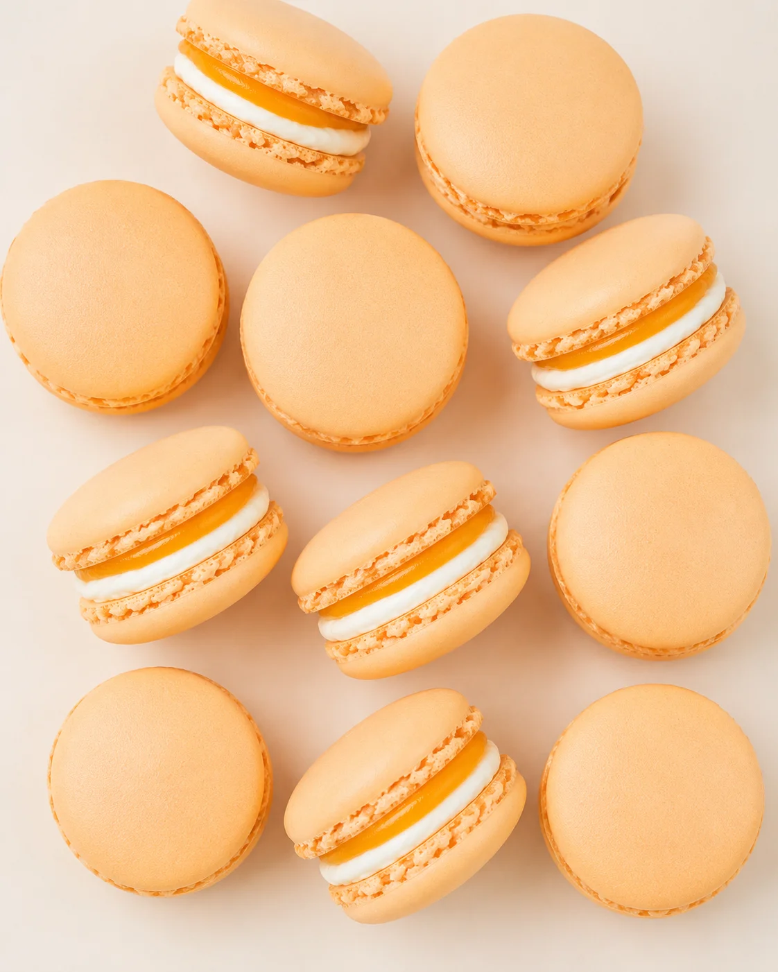 Group of orange macarons with white cream and orange jam filling on a pale peach background