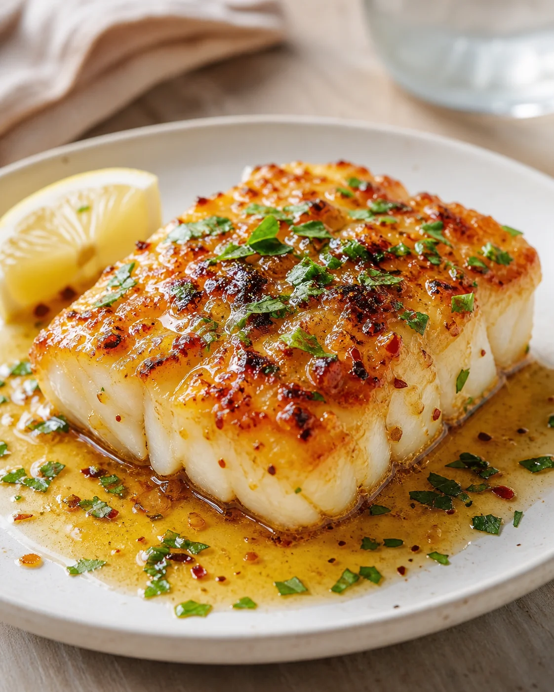 golden-browned cod fillet with lemon wedge and parsley on plate