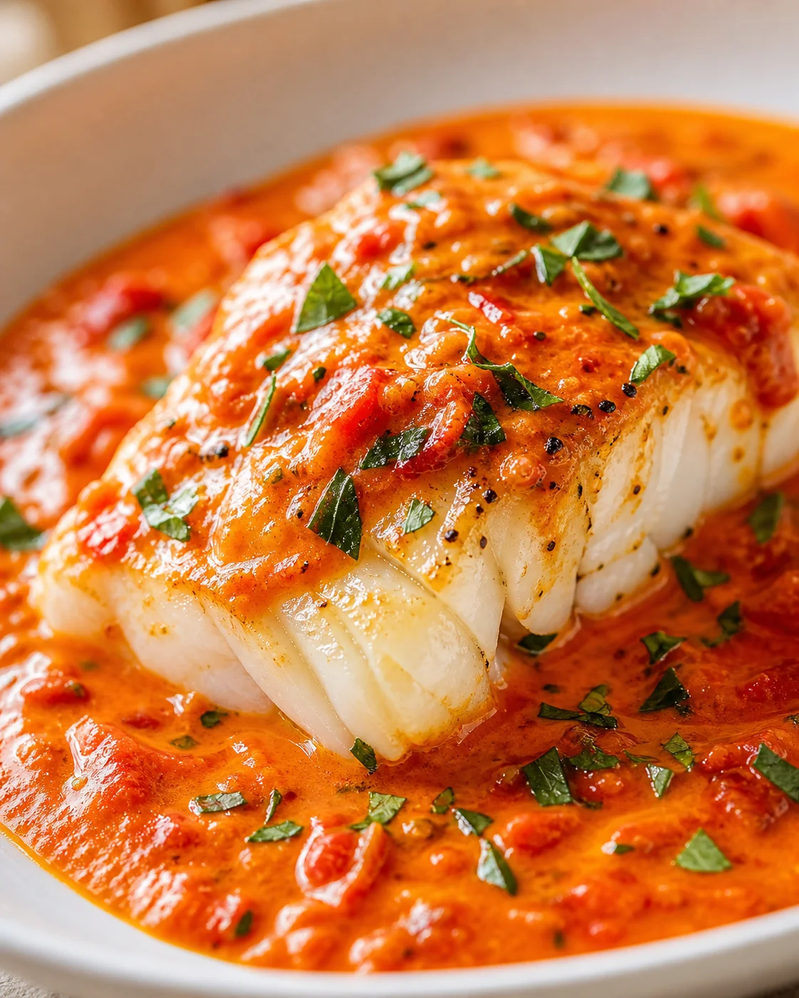 Close-up of a white fish fillet in orange-red tomato sauce with chopped parsley in a pale pan