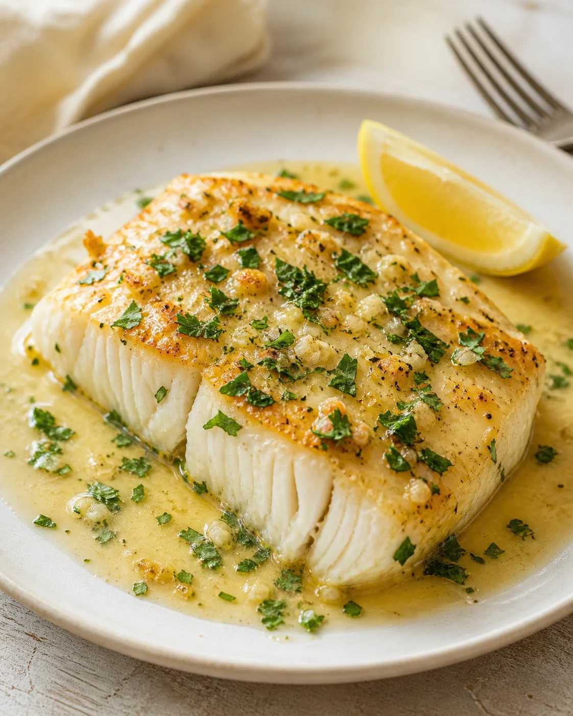 pan-seared white fish fillet with lemon butter sauce and parsley on plate