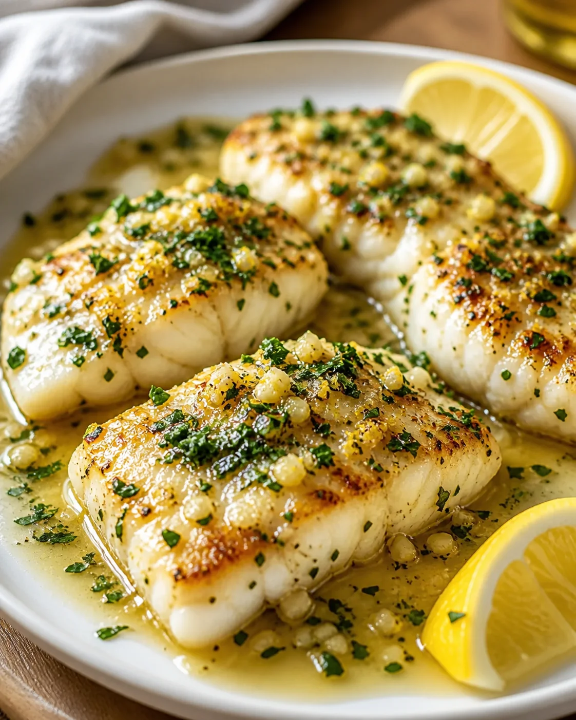golden-brown pan-seared scallops with lemon-butter sauce and parsley on a white plate