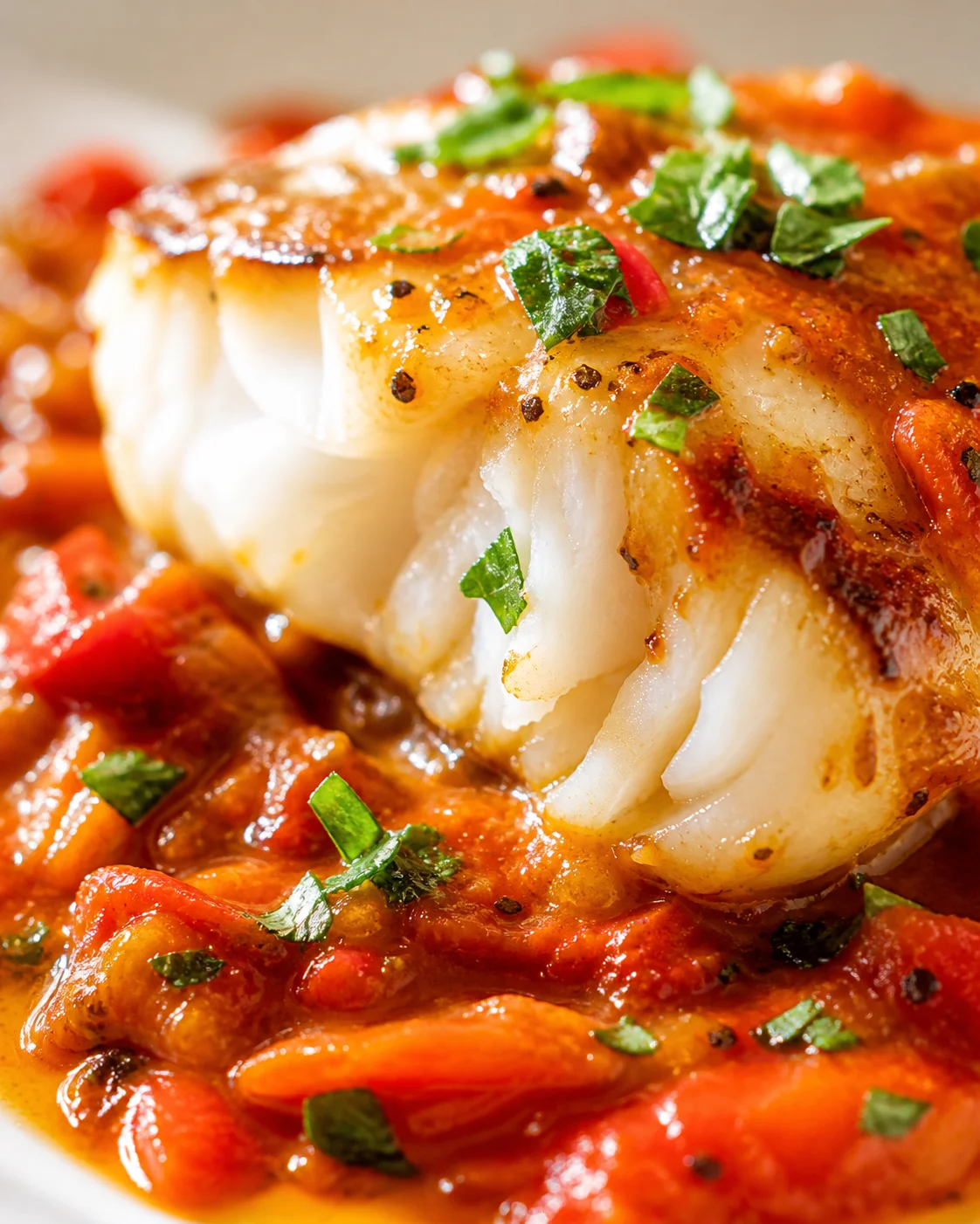 Close-up of pan-seared white fish, flaky and golden, on tomato sauce with parsley.